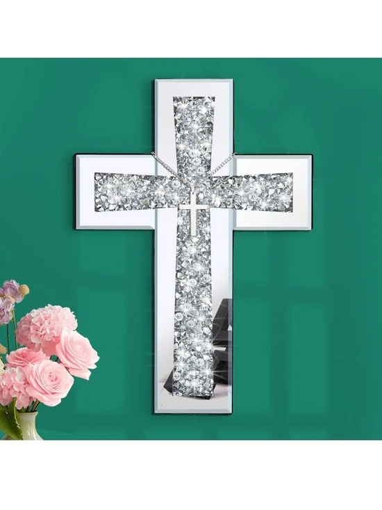 Crystal Accent Wall Cross - Silver Mirrored Decor
