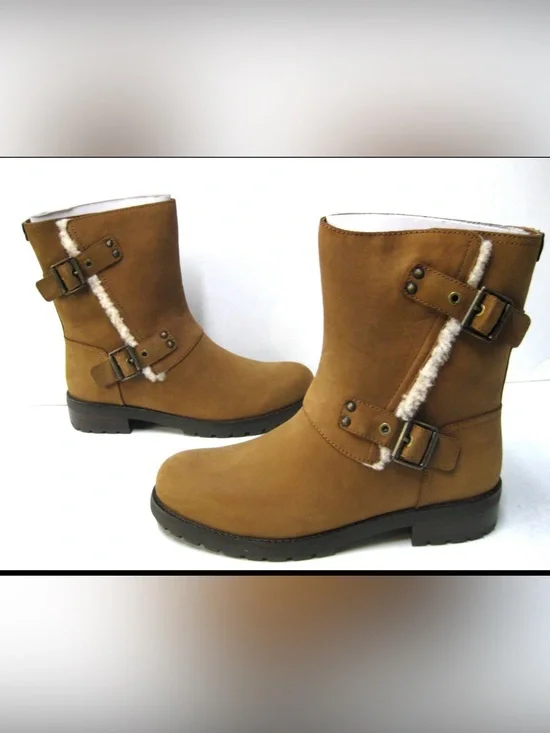 UGG Chestnut Brown Mid-Calf Buckle Shearling-Lined Boots