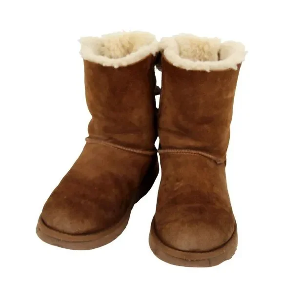 UGG BROWN GENUINE LEATHER SHEEP FUR SHEARLING BACK TIES BOOTS SHOES SIZE 7 38