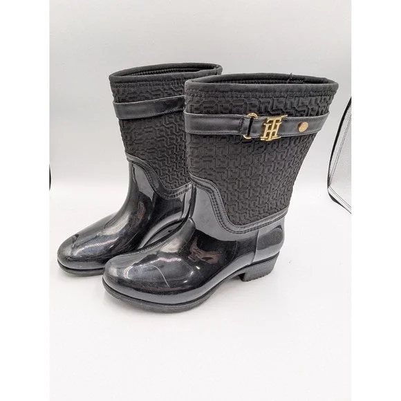 Tommy Hilfiger Rain Boots Black Floredo Monogram Buckle 6M