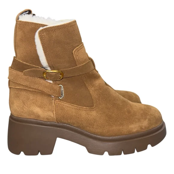 Steve Madden Size 9 Colleta Fluff Brown Suede Fur‎ Lined Ankle Lug Boots New