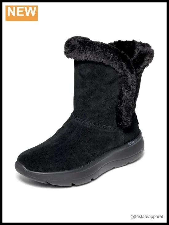 Womens Suede Mid-Calf Snow Boots Slip On Winter Warm Faux Fur Trim