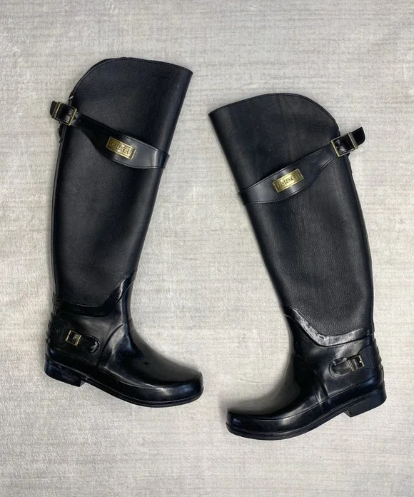 HUNTER Tall Rain Boots Women’s Size 7 Black Gloss Equestrian Waterproof Garden