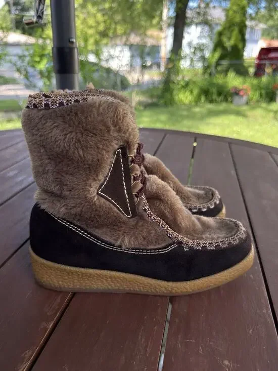 Vintage Snowland Faux Fur Suede Boots Sherpa Lined Lace Up Retro Winter Size 7