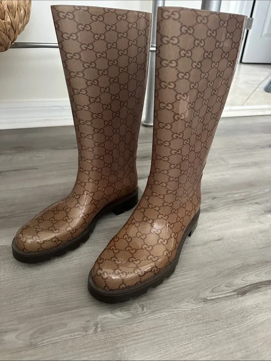 Gucci Brown GG Monogram Knee-High Rain Boots