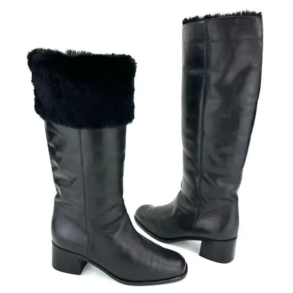 Bally Women Black Winter Knee High Boot Sz 36/5.5 Leather Foldable FurTrim Lined