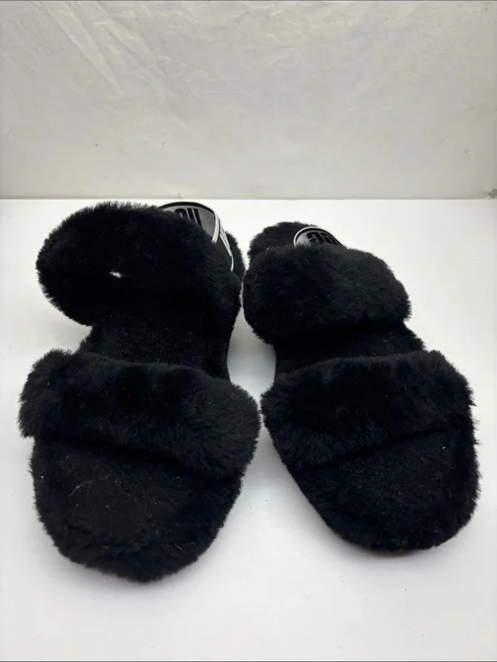 UGG women’s Black Fuzzy Slide Sandals - Cozy Slip-On, SZ 9, box 76
