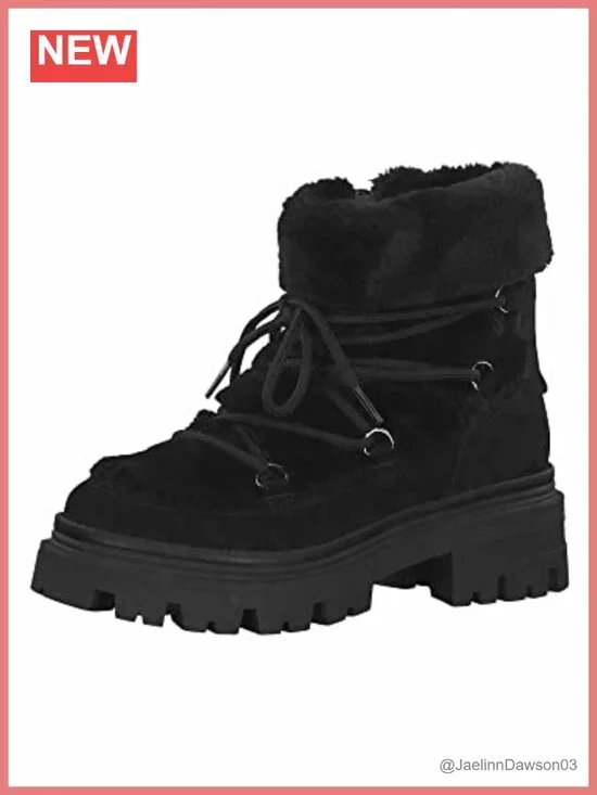 Tamaris Women's Leather Pull-On Low-Top Winter Snow Boots with Stacked Heel