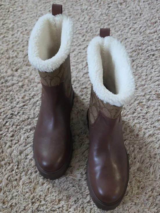 Coach Brown Shearling-Trim Winter Pull-On Boots