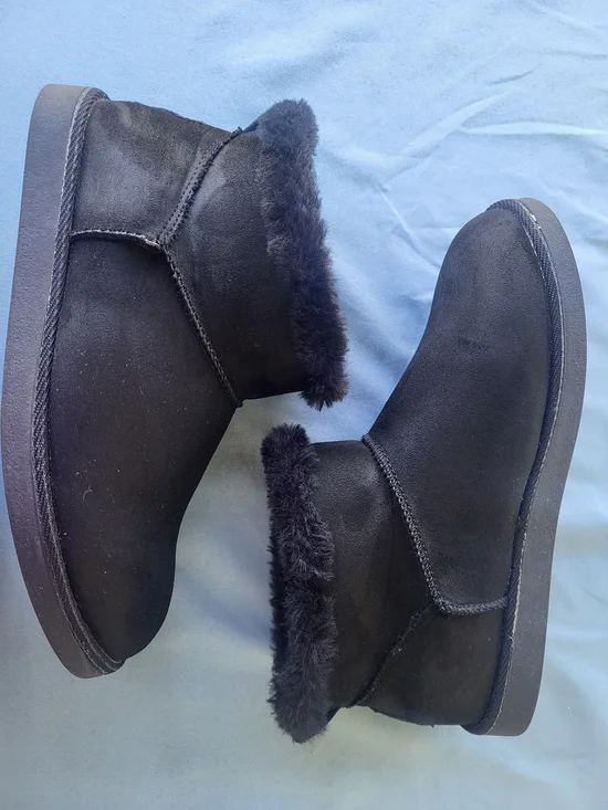 True Craft Black Faux-Suede Ankle Winter Boots with Faux Fur Cuff