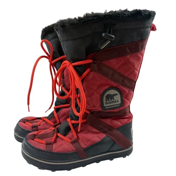 Sorel Glacy Explorer Tall Boots Red Black Suede Waterproof Faux Fur‎ Trim Sz 9