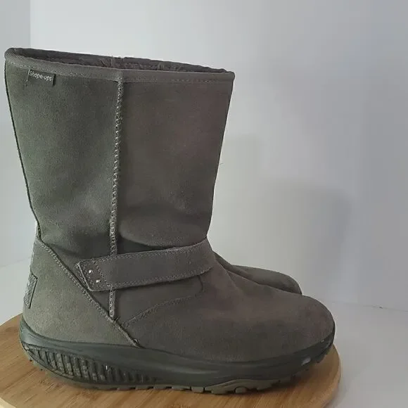 Skechers Women's Shape Ups Gray Leather Suede Bollard Wedge Toning Boots Sz 9