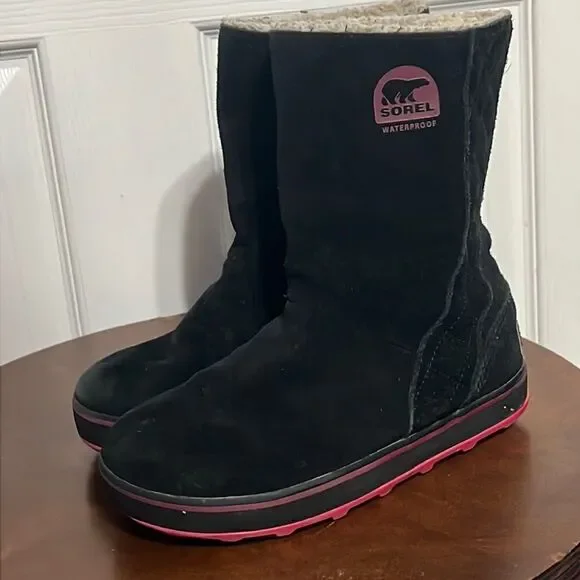 🔥🔥 SOREL Glacy Black &‎ Pink SherpaLined Waterproof Suede Boots - Women Sz 5