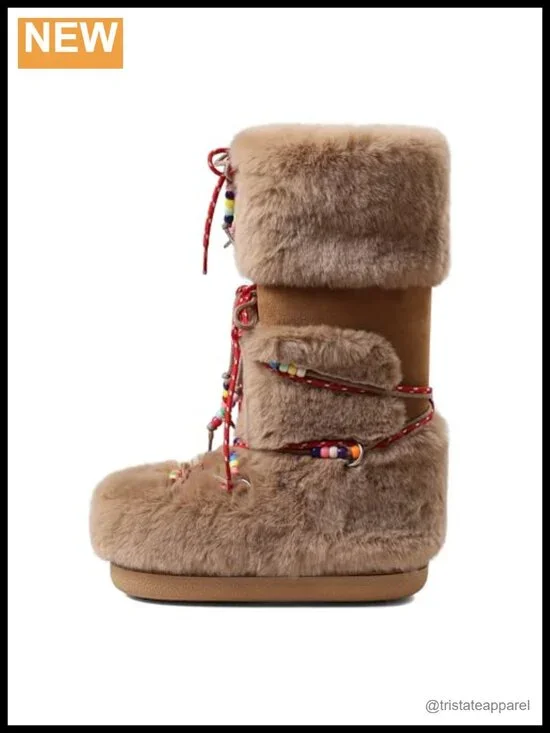 Faux Fur Knee High Snow Boots Women Fuzzy Winter Mid-Calf Lace-Up