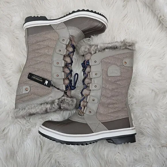 SOREL Tofino II Boot Kettle Dusk Taupe Blue Laces Waterproof Leather Womens 8.5