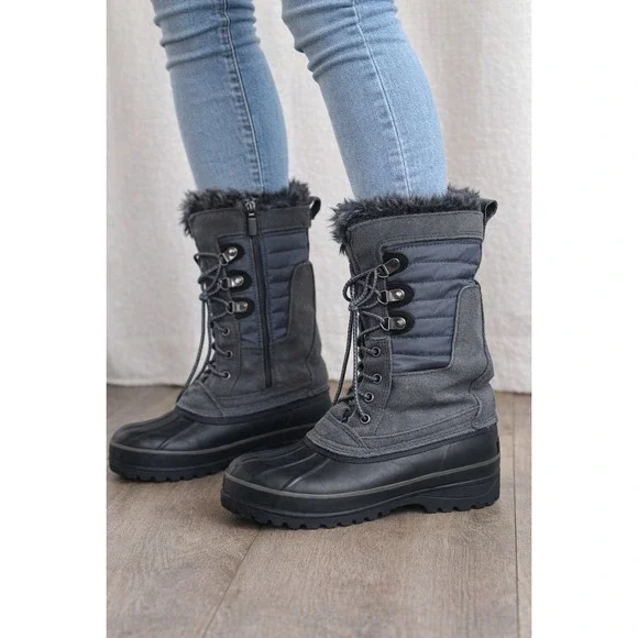 Lands End Womens Gray Black Waterproof Insulated SnowBoot Faux Sz 8 Granola Gorp