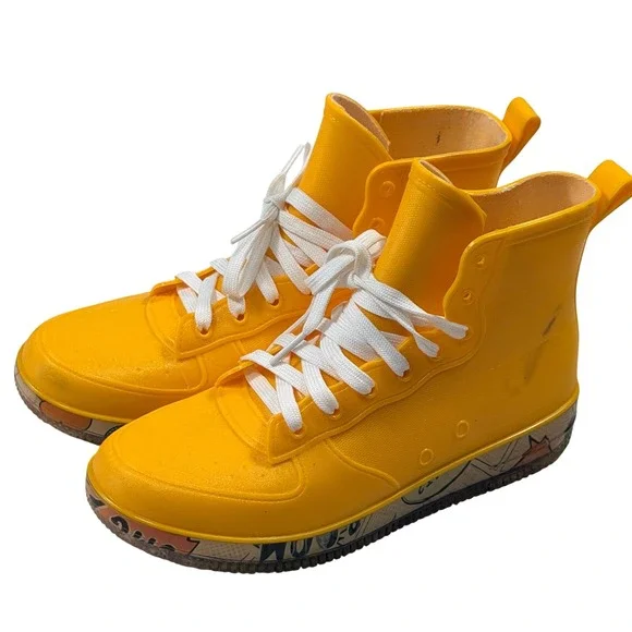 Yellow Rubber Rain Boots Comic Graphic Midsole Lace Up Waterproof Shoes‎ EUC