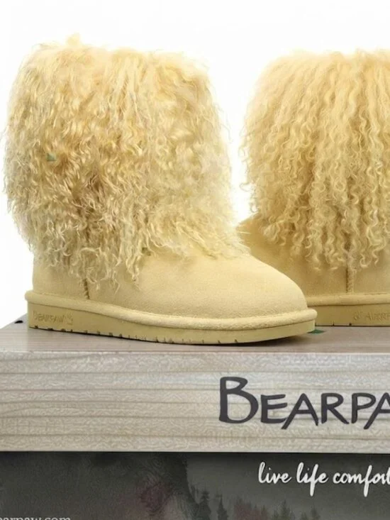 Bearpaw Boo Yellow Shearling Wool Lined Curly Lamb Fur Sherpa Boho Boots 7 NEW