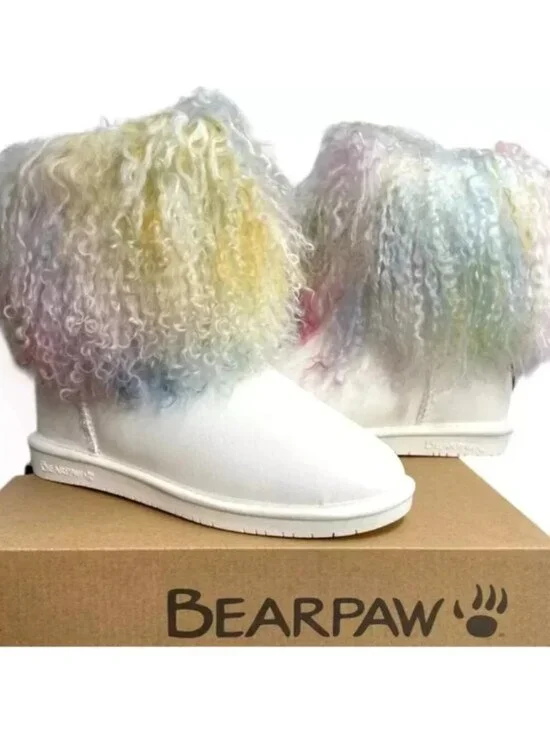 Bearpaw Boo Rainbow Tie-dye Shearling Curly Lamb Fur Boho Sherpa Boots 9 NEW