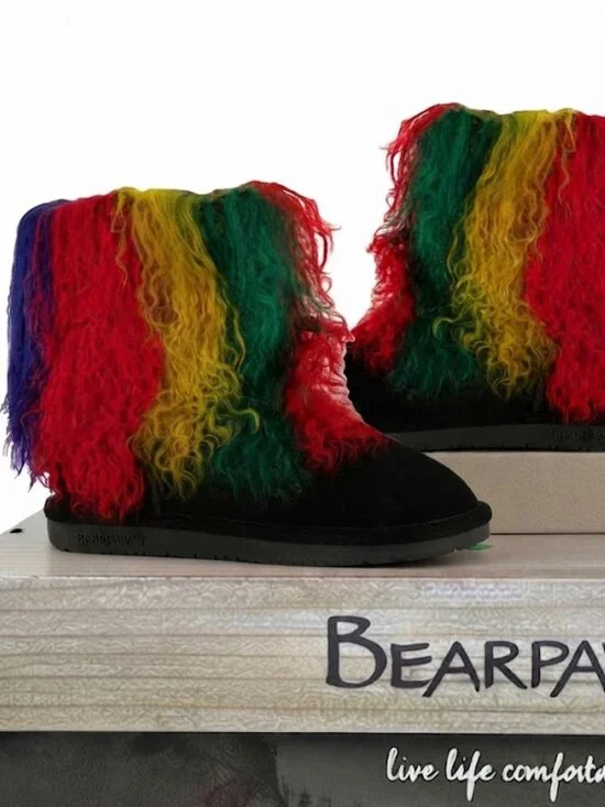 Bearpaw Boo Rasta Tie Dye Shearling Wool Curly Lamb Fur Boho Sherpa Boots 8 NEW