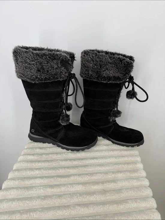 Y2K Skechers Black Suede-Look Women's Winter Boots with Faux Fur Cuff