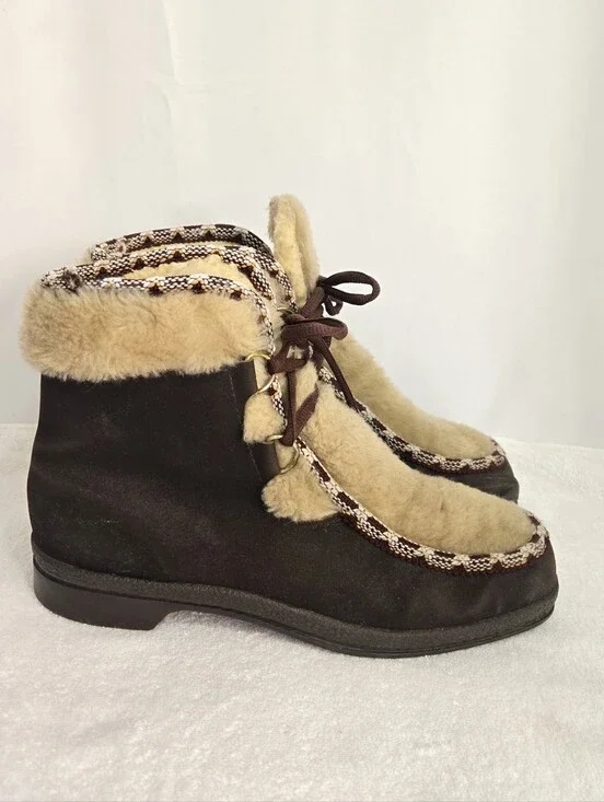 Vintage 70s Snowland Boots Women’s 9 Brown Faux Fur Lace Up Après Ski