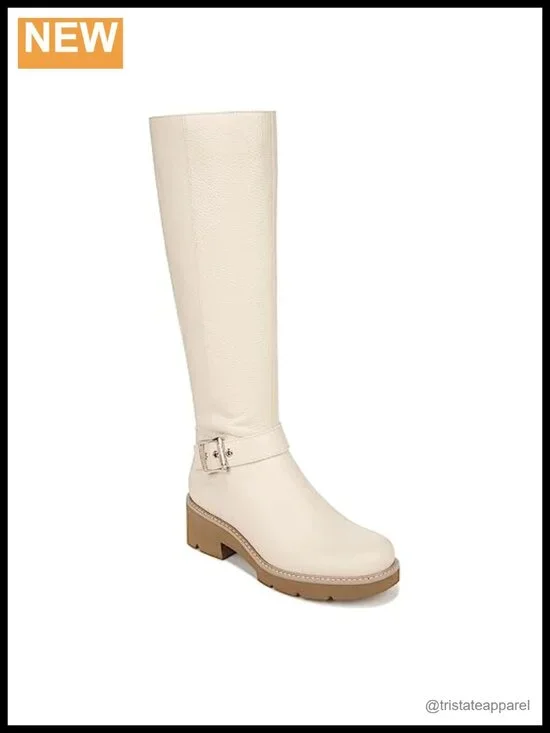 Women's Water Repellent Knee High Boots with Lug Sole, Side Zip, Buckle, Block
