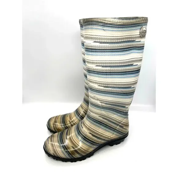 UGG Shaye Striped Rubber Rainboots Women's Size 7 Blue / Gray / White