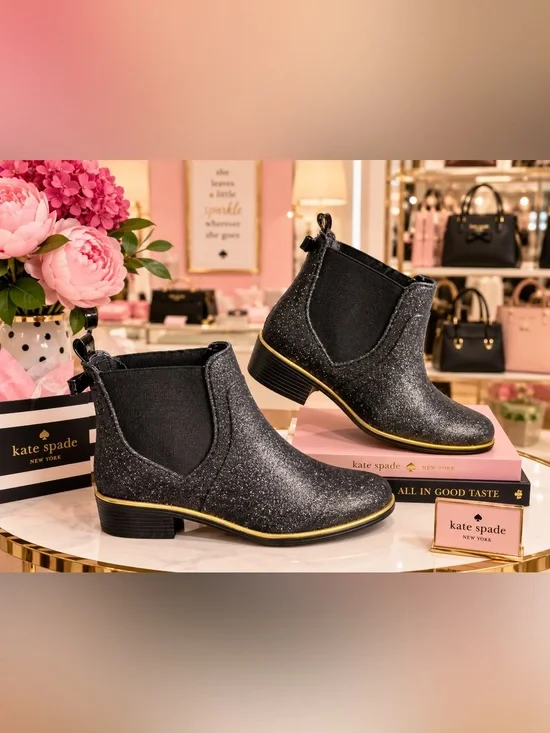 Kate Spade Sedgwick Chelsea Glitter Rain Boots Sz 7 Black Bow Gold Detail NWOB