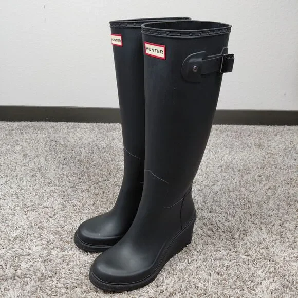 Hunter Original Refined Mid Wedge Tall Boots Womens 8 Black Rain Ourdoor