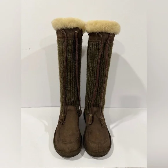 UGG Australia Tall Knit Shearling Boots Brown Leather Tassel Women’s 6