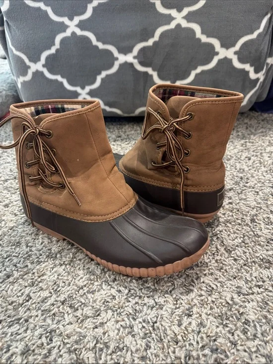 Women’s Brown Two-Tone Duck Boots - Cozy Plaid Lining Marleylilly Size 10