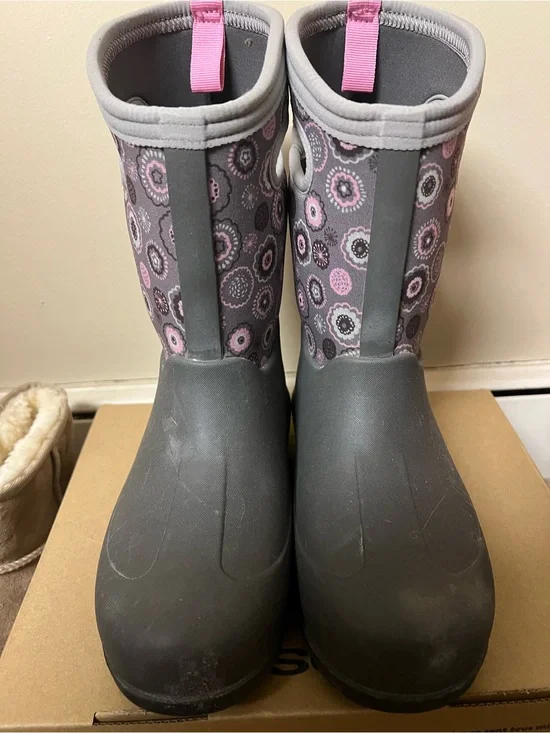 Womens Waterproof Gray and Pink Patterned Rain Boots