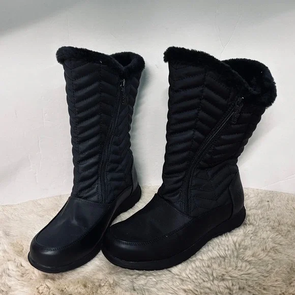 Totes Womens Jodi Black‎ Quilted Waterproof Winter Boots Faux Fur Lined Size 7