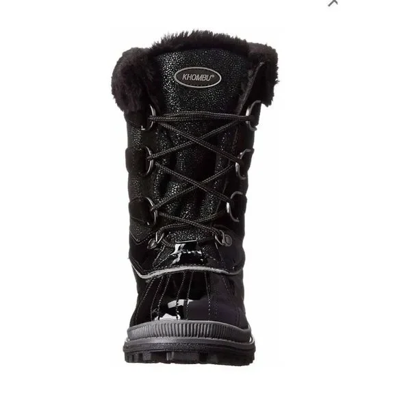 Khombu Women Free Black Patent Leather Faux Fur Trim Winter Duck Boots 9M