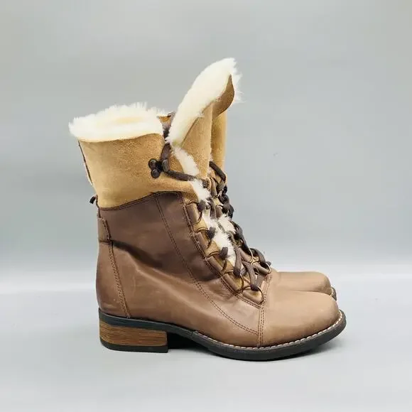 Luxe De León Boots Womens 6.5 Brown Leather Shearling Lace Up Mid Calf Shoes
