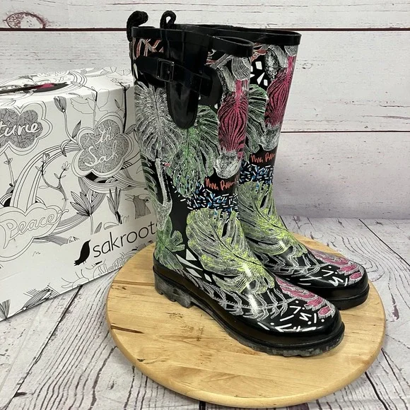 Sakroots Rhythm Rain Boots Black Floral Zebra Tall Womens Size 9 Festival Art‎