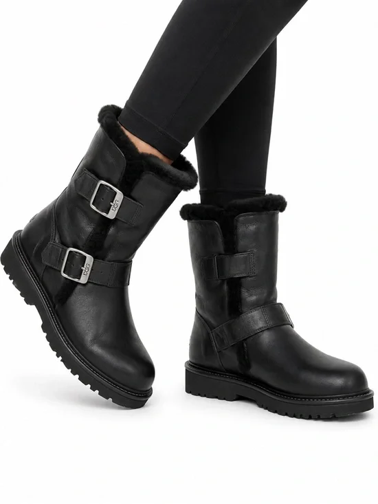 UGG Vintage Larkspur Black Leather Shearling Buckle Boots Women’s Size 6
