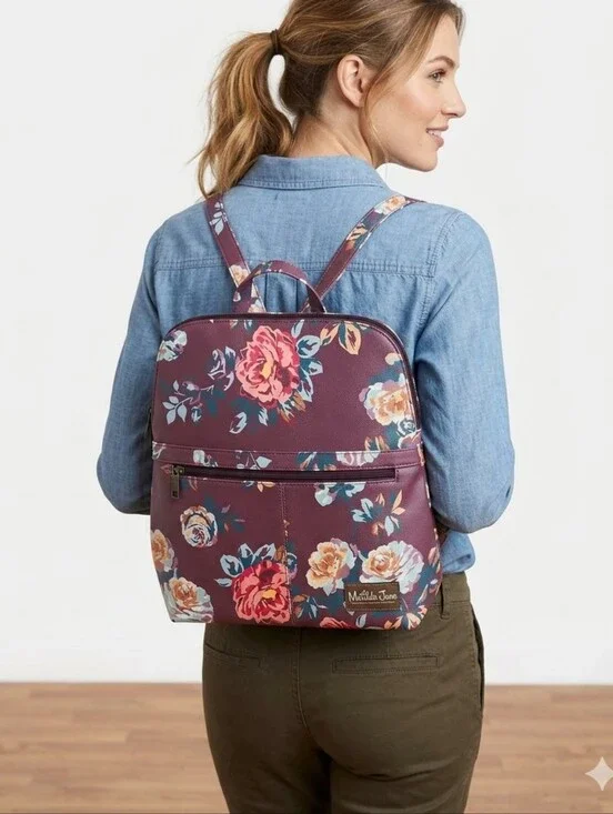 Matilda Jane Moments With You Plum Perfect Floral Faux Leather Backpack NWOT