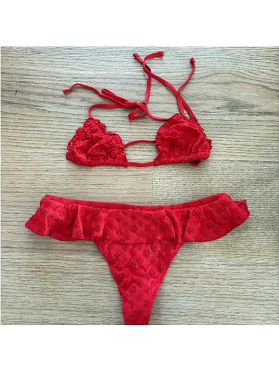 Frankie's Bikinis Red Ruffle Eyelet Triangle Bikini Set