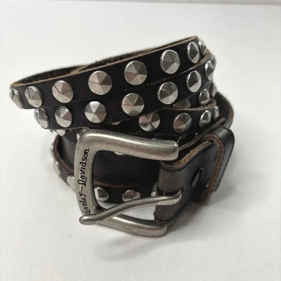 Harley Davidson Womens Brown Leather Studded Triple Strand Belt M Grunge Rock