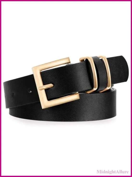 Women Vegan Leather Belt Square Gold Buckle Adjustable Fit Jeans Pants Dresses