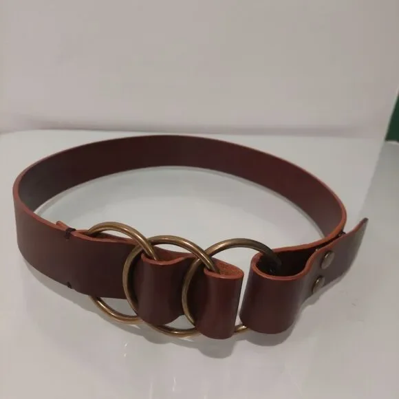 Banana Republic Women Brown Leather Belt Three Rings Foldover BOHO sz 30 - 33