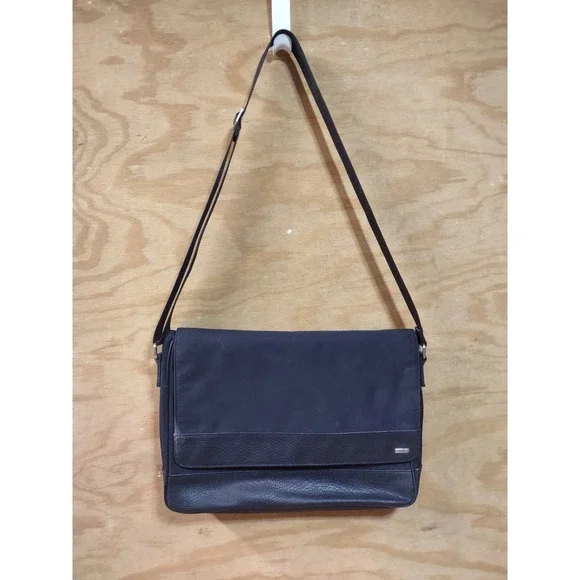 Calvin Klein Black Nylon Leather Trim Messenger Bag Crossbody Laptop Briefcase