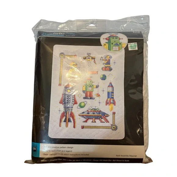 Artiste Baby Stamped Cross-Stitch Robot Quilt Kit Outer Space Rocket 34x43 New