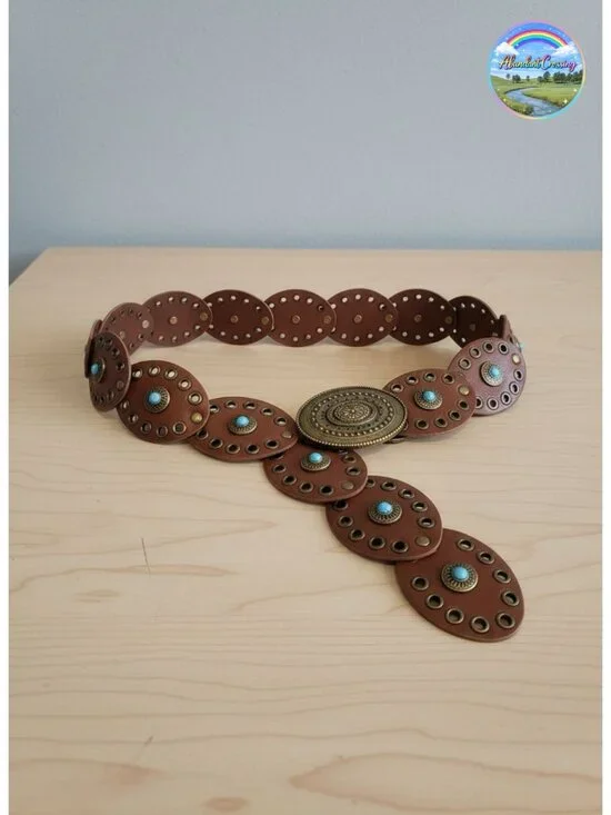 Wide Disc Belt with Turquoise Hook & Loop Adjustable PU Leather Western Style