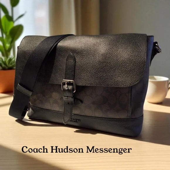 Coach Hudson Messenger Bag in Signature Canvas Black Brown - Academia Work Bag
