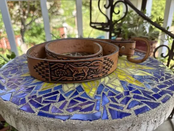 Vintage Hand Tooled Leather Belt Horse Motif and Intricate Lacing Size 38