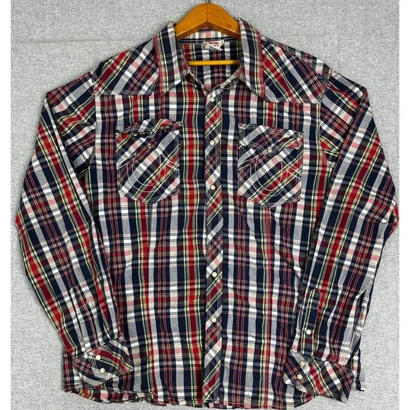 True Religion Western Shirt Mens XXXL Blue Red Plaid Pearl Snap Stitch