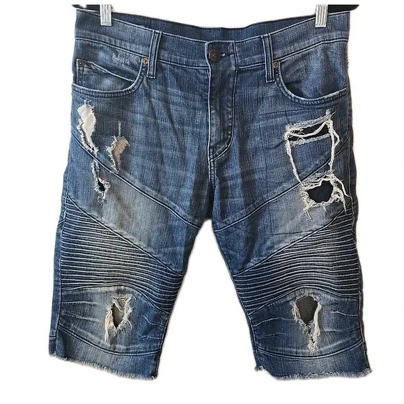 True Religion Geno Relaxed Slim‎ Moto Mens Distressed Blue Jean Shorts Size 32